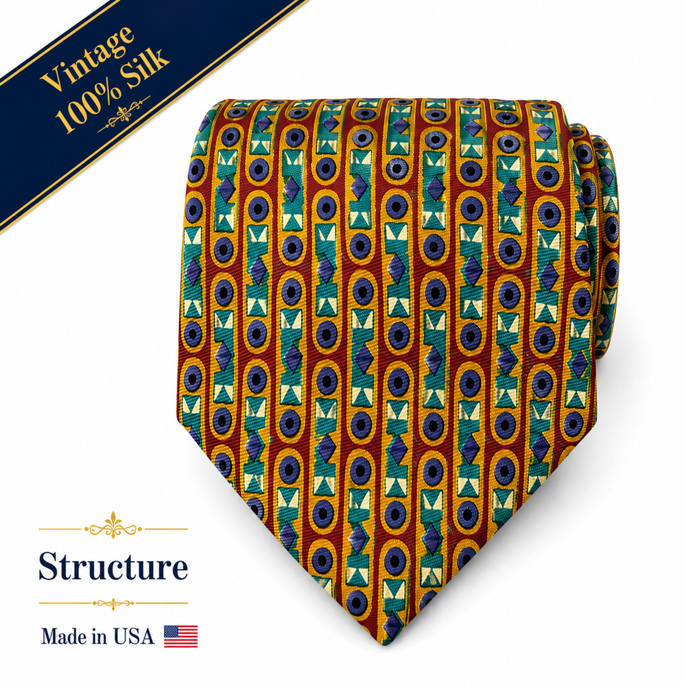 Vintage Structure 100% Silk Tie Geometric Abstract USA 4" Wide Retro 90s